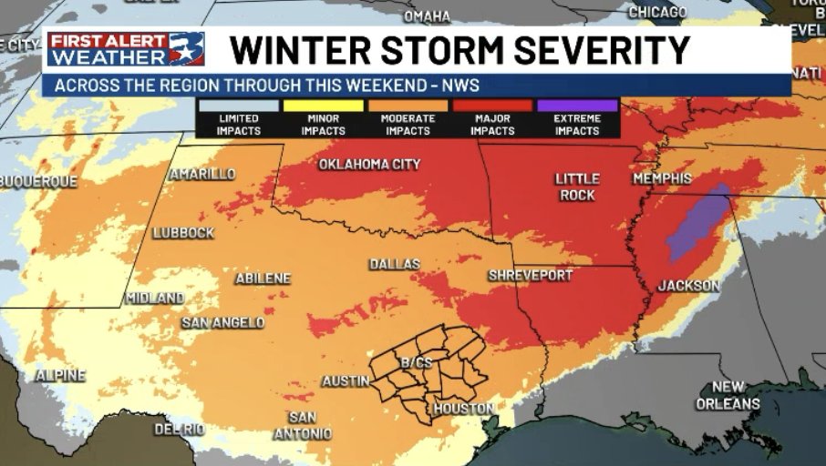 KBTXMax's tweet image. I find the WSSI from the NWS helpful. Takes precip, cold (duration and severity), infrastructure like roads and population, and assigns an impact.

Moderate travel concerns Saturday PM - at least Sunday midday, w concern for localized power outages, esp. along and east of I-45.