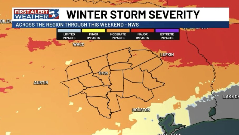 KBTXMax's tweet image. I find the WSSI from the NWS helpful. Takes precip, cold (duration and severity), infrastructure like roads and population, and assigns an impact.

Moderate travel concerns Saturday PM - at least Sunday midday, w concern for localized power outages, esp. along and east of I-45.