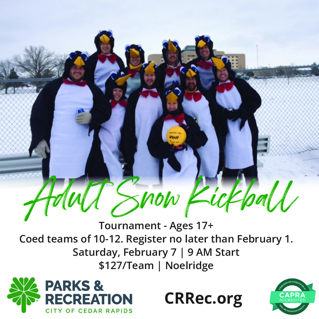 CityofCRiowa's tweet image. Cold temps = delay. More time = WIN. ❄️🙌

Adult Snow Kickball is now Sat, Feb 7 | 9 AM at Noelridge.
Coed teams, ages 17+. Register by Feb 1. CityOfCR.com/AdultKickball

#SnowKickball #PlayCR #WinterRec ⚽❄️