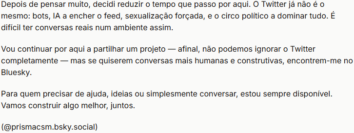 Tentei fazer disto algo.

Adoro ler algumas pessoas aqui, mas o meu limite para com o gozo aos outros, para com a generosidade, para com os limites da decência, extravasaram. 

Quem não tiver o meu discord, tem na imagem a minha alternativa.

Acima de tudo, sejam felizes!