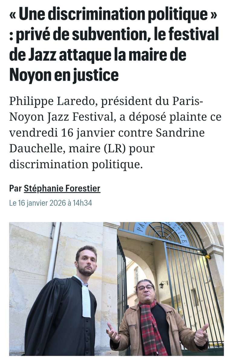 BdeMonval's tweet photo. En tant qu'avocat, j'accompagne Monsieur Philippe Laredo dans sa plainte contre la Maire de Noyon 

En supprimant les subventions du Paris-Noyon Jazz Festival, Madame Dauchelle confond intérêt général et personnel. https://t.co/nwBDpAFwB7