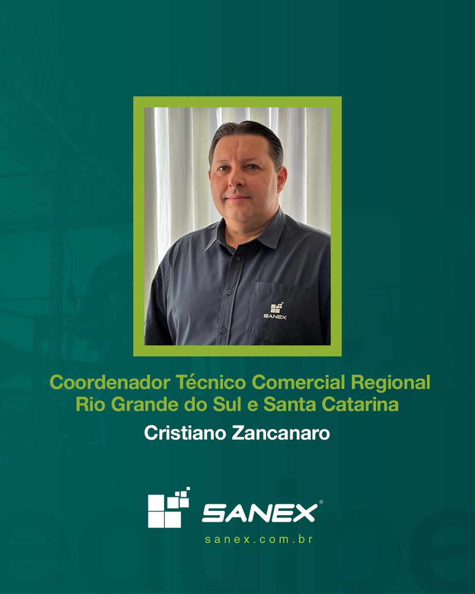 sanex_ltda's tweet photo. Com satisfação anunciamos a promoção do Médico-Veterinário Cristiano Zancanaro ao cargo de Coordenador Técnico Comercial Regional - RS e SC. Sua experiência e atuação junto aos clientes reforçam nosso compromisso com soluções técnicas e comerciais de excelência. Parabéns! #sanex https://t.co/3xJTyqCpTX