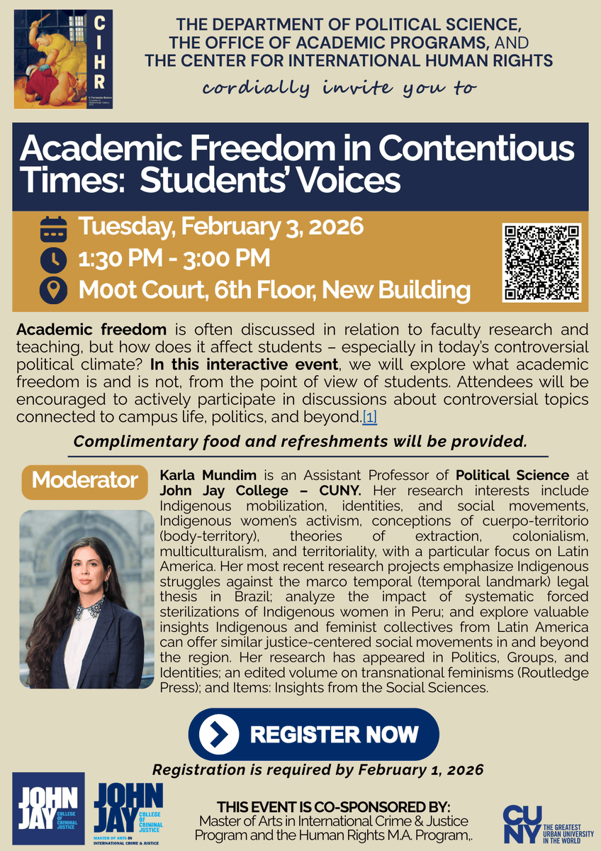 Join us in-person for our first event of the Spring 2026 semester on Tuesday, February 3rd:  Academic Freedom in Contentious Times: Students' Voices
Register here: forms.office.com/r/CpMPpPurvz