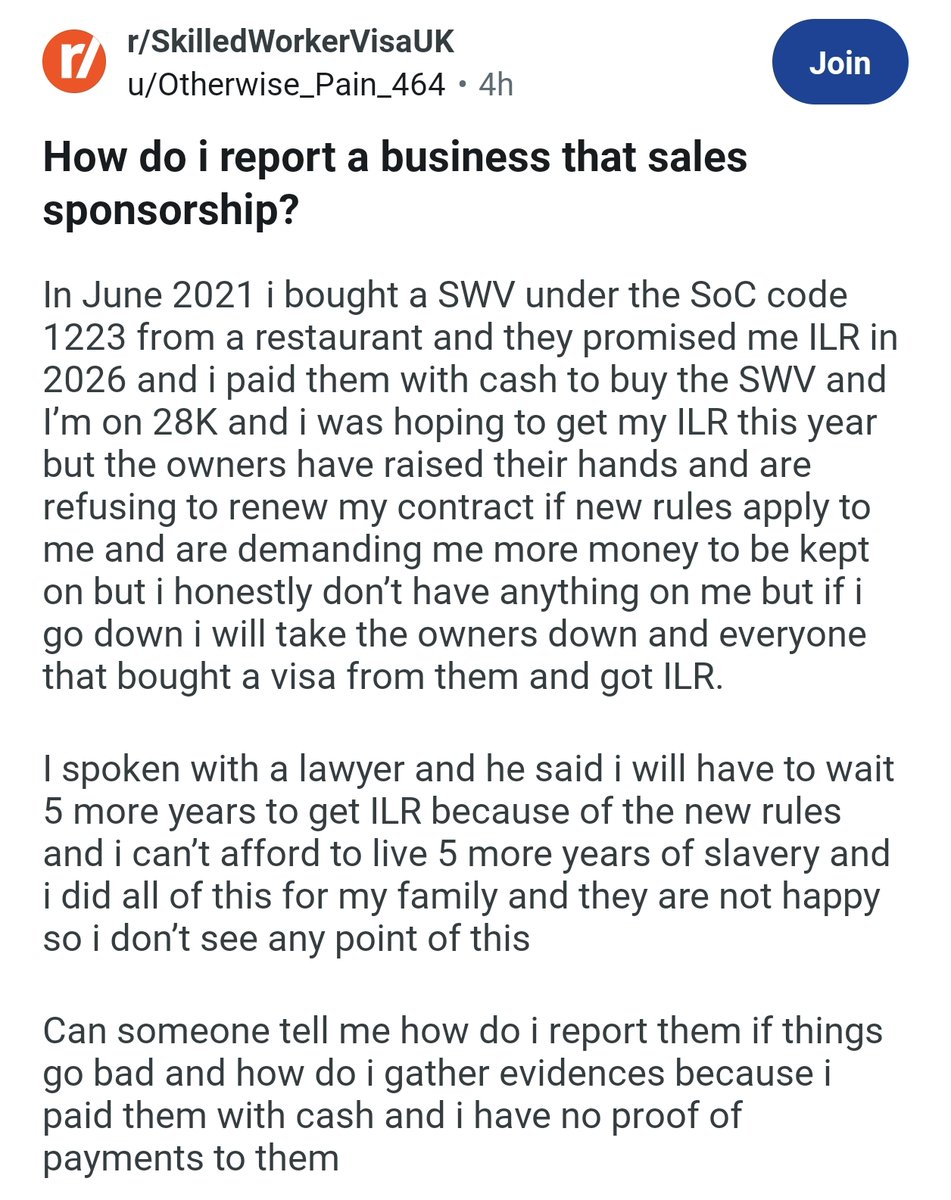 It gets worse. In a separate post, the same user says they purchased this visa in June 2021 and because their employer won't renew their contract, they now want to report their employer to the Home Office for breaking immigration laws.

Our entire immigration system is a scam.