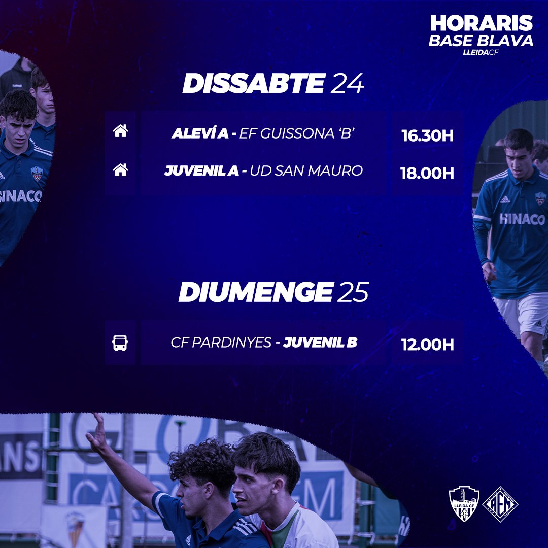 LleidaCF's tweet photo. Aquests són els horaris d’aquest cap de setmana de la Base Blava! 💙💪🏻
#BaseBlava #MésViusQueMai #LleidaCF https://t.co/VptoFd4UJ5