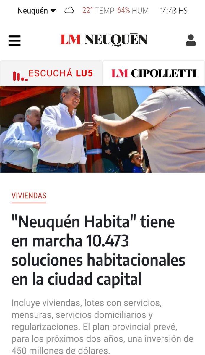 NEUQUÉN HABITA AVANZA EN LA CAPITAL

Tenemos en marcha 10.473 soluciones habitacionales en la ciudad de Neuquén, con viviendas, lotes con servicios y regularizaciones que ya están en ejecución o por comenzar.

Este plan expresa una decisión política clara: ordenar el crecimiento,