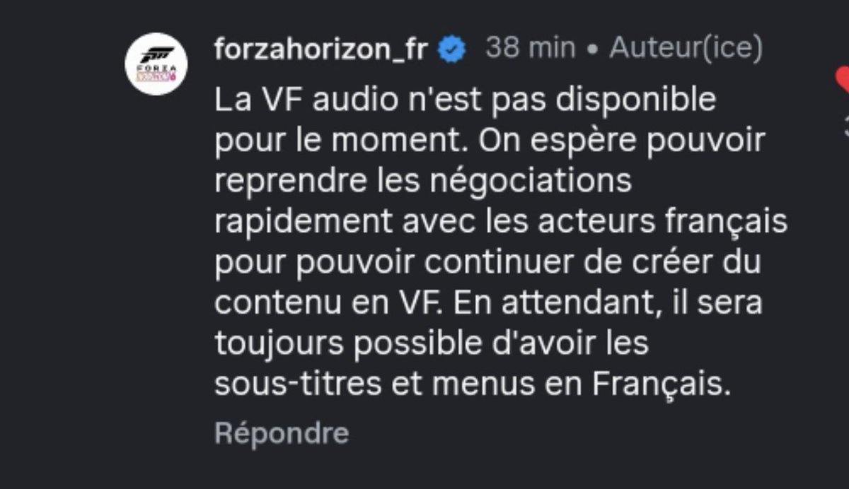 M4nd0TheReal0ne's tweet photo. Fin du débat sur l'absence de VF audio sur #ForzaHorizon6  et du  MÉCHANT MICROSOFT qui soit disant boycott le marché Français. 

Le Compte Officiel  Instagram #ForzaHorizon  répond a une question et explique que c'est du a des soucis de négociation avec les acteurs Français ! 

Ce n'est pas un boycott de #Microsoft.

La VF audio n'est pas disponible pour le moment. On espère pouvoir reprendre les négociations rapidement avec les acteurs français pour pouvoir continuer à créer du contenu VF . 

Merci a l'ami @DiagnosedWhity qui a trouvé l'info. 😉