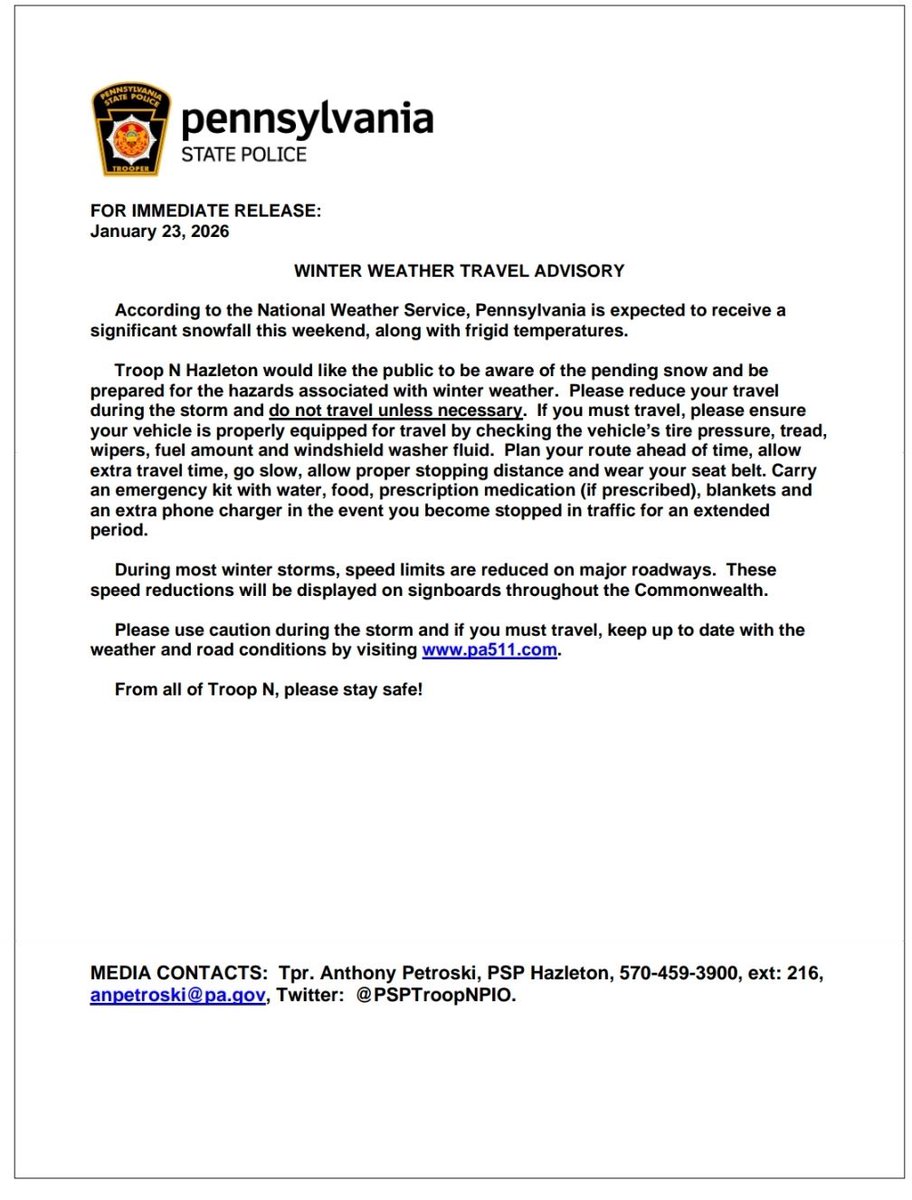Important information regarding winter weather travel.  Stay safe!
⬇️
<a href="/WNEP/">WNEP</a> <a href="/FOX56WOLF/">FOX56 NEWS WOLF-TV</a> <a href="/wbrewyou/">28/22 News (WBRE/WYOU)</a>