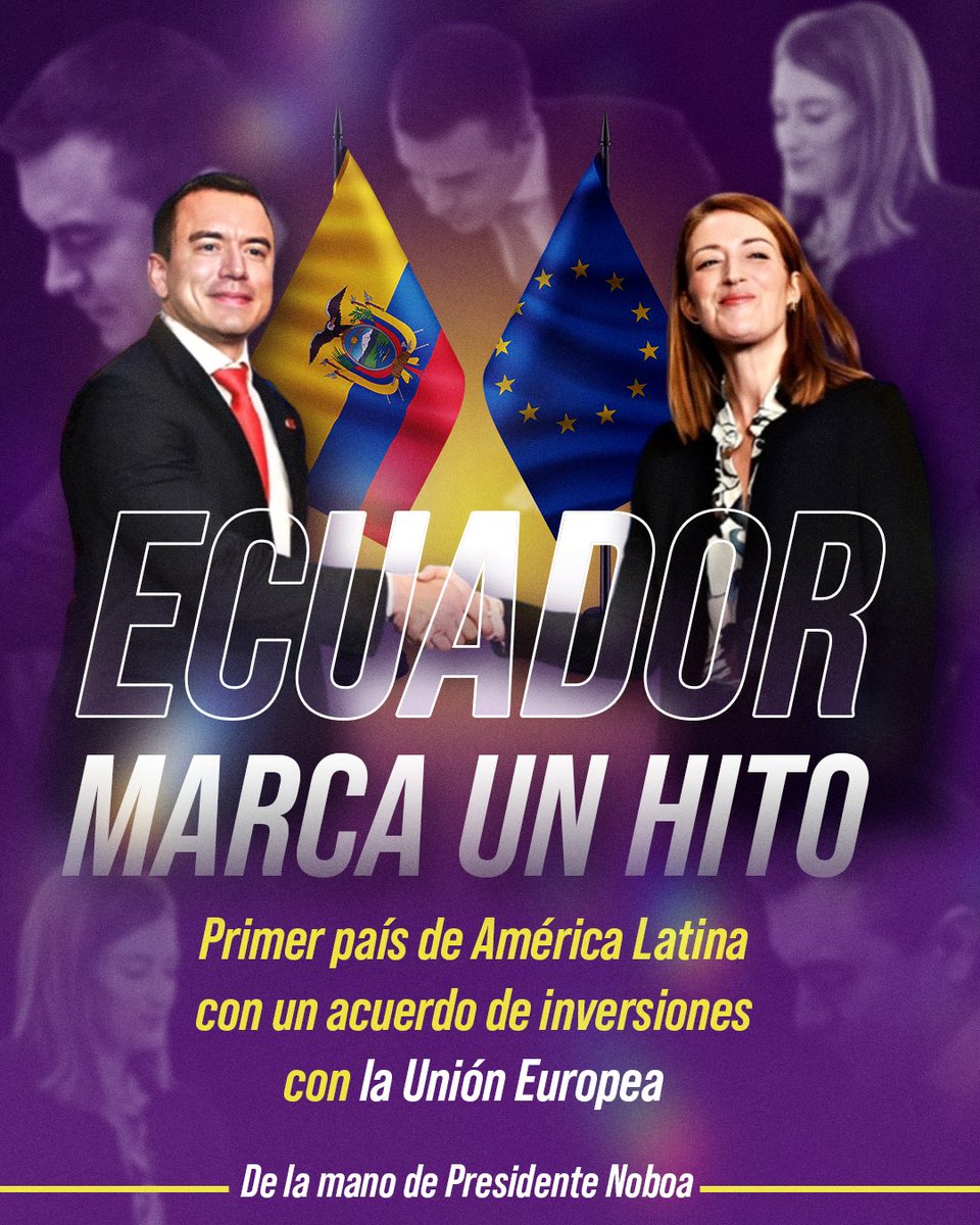 Buenas noticias 💪🏻🧬🇪🇨
Ecuador se consolida como el primer país de América Latina en alcanzar un acuerdo de inversiones con la Unión Europea 🇪🇺 
Gracias Presidente <a href="/DanielNoboaOk/">Daniel Noboa Azin</a>