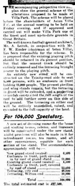 Primetimeperry's tweet image. Vintage Villa

The Evening Dispatch, Wednesday 24th June 1914

The press release to showcase Frederick Rinders plan for Villa Park. At a cost of £27,500. For 104,000 spectators featuring the innovation of tip-up chairs.

#AVFC #AstonVilla #VillaPark 🟣🔵