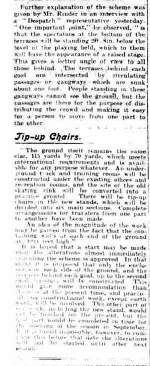 Primetimeperry's tweet image. Vintage Villa

The Evening Dispatch, Wednesday 24th June 1914

The press release to showcase Frederick Rinders plan for Villa Park. At a cost of £27,500. For 104,000 spectators featuring the innovation of tip-up chairs.

#AVFC #AstonVilla #VillaPark 🟣🔵