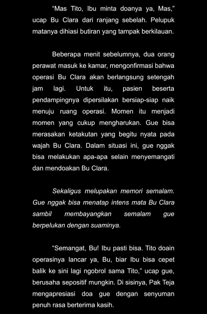 Terjebak di RS saat malam tahun baru memang membosankan, sampai sosok Pak Teja yang karismatik hadir. Ada getaran aneh saat tangan mereka bersentuhan di kegelapan. Simak kisah Tito di bacaanseru.in