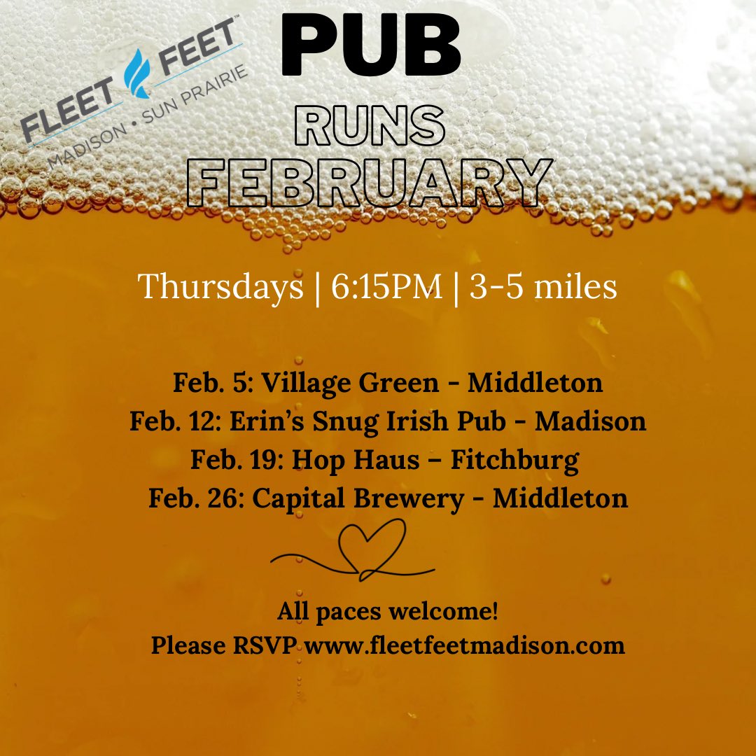 Here is our February pub run schedule!  We hope you can join us!