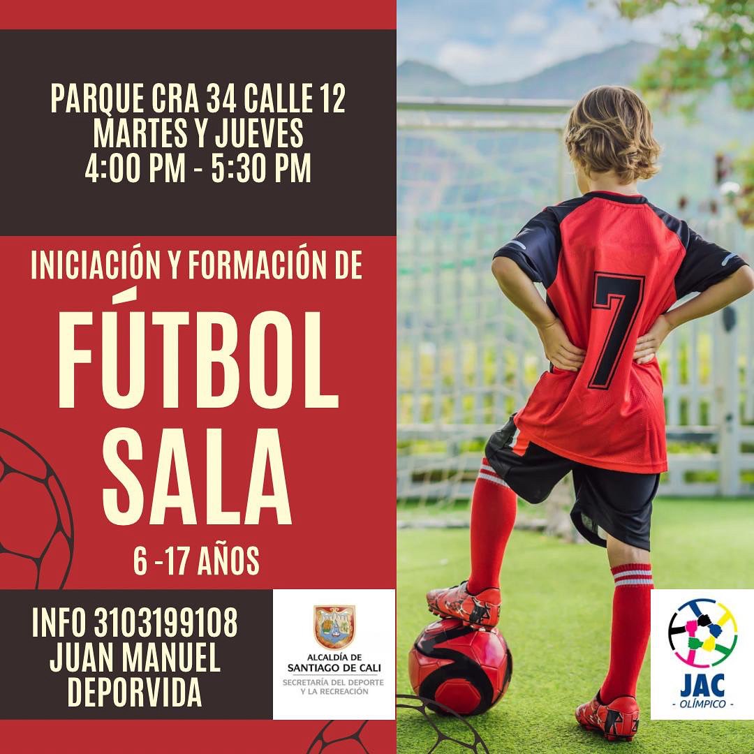 Empezamos las clases de iniciación y formación en fútbol sala para niños y niñas de 6 a 17 años, martes y jueves de 4:00 pm a 5:30 pm en el parque de la cra 34 calle 12. No tiene costo. Más información con el monitor Juan Manuel al 3103199108. Gracias a <a href="/SecDeporteCali/">Secretaría del Deporte y la Recreación de Cali</a> .⚽️