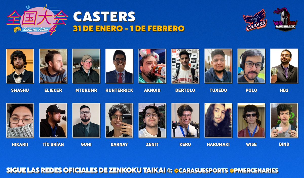 Les presentamos a los casters que nos acompañaran en este Zenkoku Taikai 4! 

Aun quedan un par de dias para inscribirse!

start.gg/zenkoku-taikai…