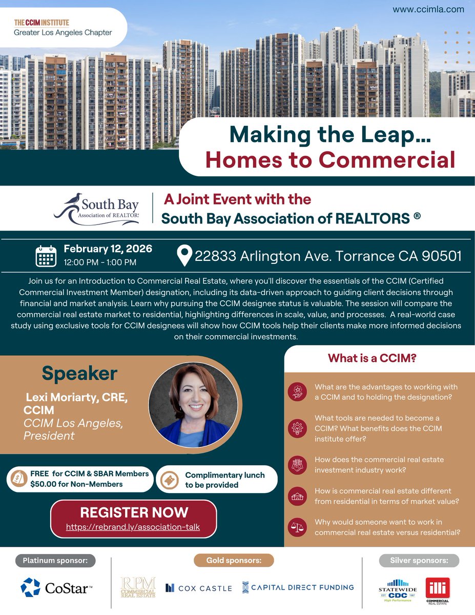 Thinking about transitioning from residential to commercial real estate? 🏢
Join us Feb 12 for Making the Leap… Homes to Commercial with CCIM GLA &amp; SBAR.
📍 Torrance, CA | 🍽 Lunch included
Register now!