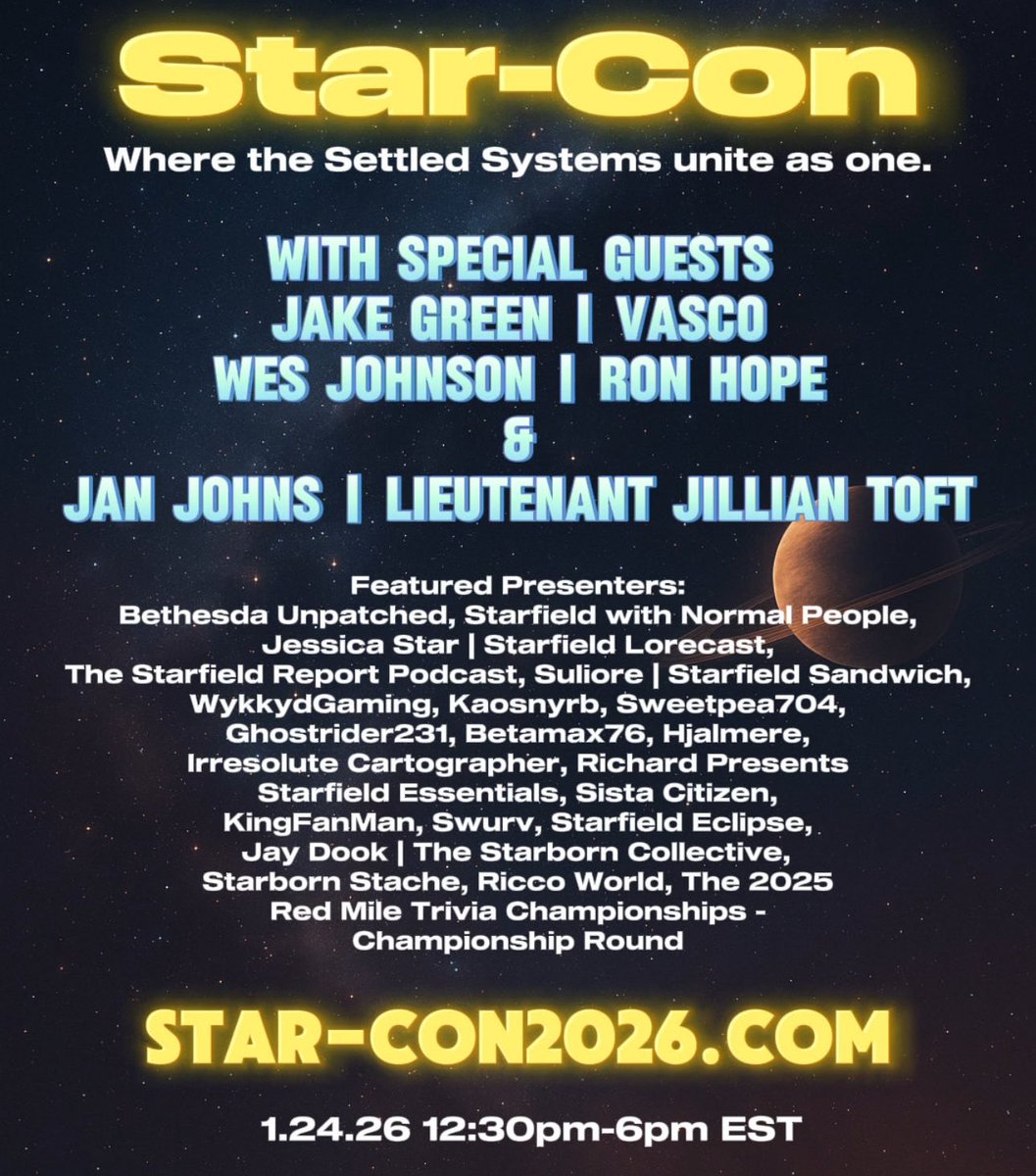 Join <a href="/SleepisforT/">Jessica-Star ✨</a>, <a href="/CaptCPU42/">CaptCPU</a>, and yours truly tomorrow at 1:30 EST for the Starborn Collective (<a href="/StarbornCo/">The Starborn Collective</a>) session at the inaugural Star-Con!

We will sit down with voice Actors Wes Johnson (Ron Hope) and Jan Johns (Jillian Toft) and share what Starfield means to us.