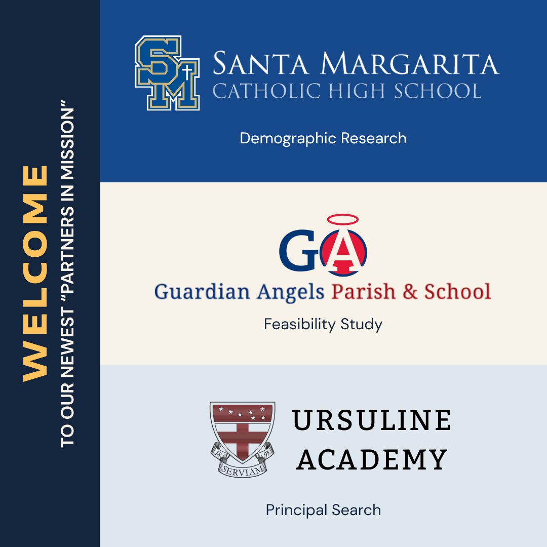 We’re excited to welcome our newest "partners in mission"!

Please join us in celebrating:
<a href="/SMCHSEagles/">SANTA MARGARITA Catholic High School</a>, Santa Margarita, CA
<a href="/GACincinnati/">Guardian Angels</a>, Cincinnati, OH
<a href="/UAwilmington/">Ursuline Academy</a>, Wilmington, DE

We look forward to walking alongside you!

#catholiceducation #catholicschools