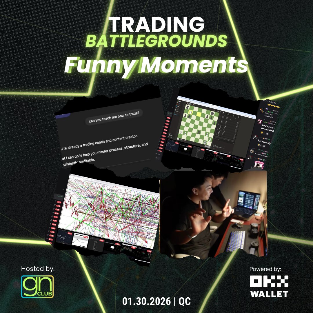gnclubofficial's tweet photo. Trading Battlegrounds online qualifiers were supposed to be about discipline, execution, at risk management…
pero ang daming nangyari.

We witnessed:
♟️ May naglalaro ng chess habang may open position
🤖 May nag-ChatGPT kung paano i-manage ang trade (AI ang coach??)
📊 May nag-analyze ng chart na parang thesis defense sa harap ng panel
💬 At ang pinaka-malupit — may trader na nagra-rizz habang nagte-trade (multitasking level: elite shoutout fabbie)

Pero lahat dumaan sa pressure cooker.

Kung ganito na ka-wild ang qualifiers…
imagine what happens on January 30.

⚔️ Trading Battlegrounds
Produced by @gnclubofficial  | Powered by @OKX @WALLET @OKXSEA 

#GNClub #OKXWallet #TradingBattlegrounds #CryptoEsports #PHTrading $BTC $ETH $SOL