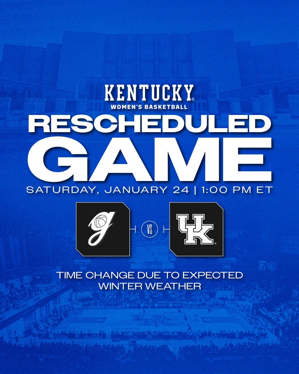 KentuckyWBB's tweet photo. RESCHEDULED GAME 🚨

Our home game against Georgia has been moved one day earlier to tomorrow, Saturday, Jan. 24, at 1 p.m. ET inside Historic Memorial Coliseum because of the expected winter storm.

Read thread or click here for more info: https://t.co/BJSxO7F67c https://t.co/m2vB0KMWTa