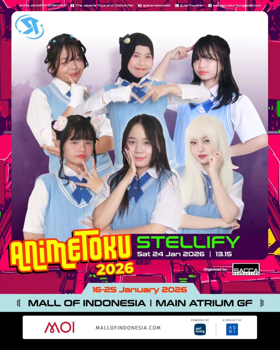 StellifyTeam's tweet photo. 1/24(Sat) 

『ANIMETOKU CONVENTION 2026』Sacca Production

■MALL OF INDONESIA
■Open 10:00 / Start 13:00

🎤13.15-14.00
📸15.00-17.00

🎫FREE HTM

PO Cheki︎︎︎︎▶︎https://t.co/oB355Tc3N2
※ Solo/2Shot/All Member
Karyl, Cylfa, Micchan, Nei

#StellifyTeam #ステリファイ https://t.co/AGsKzPW63o