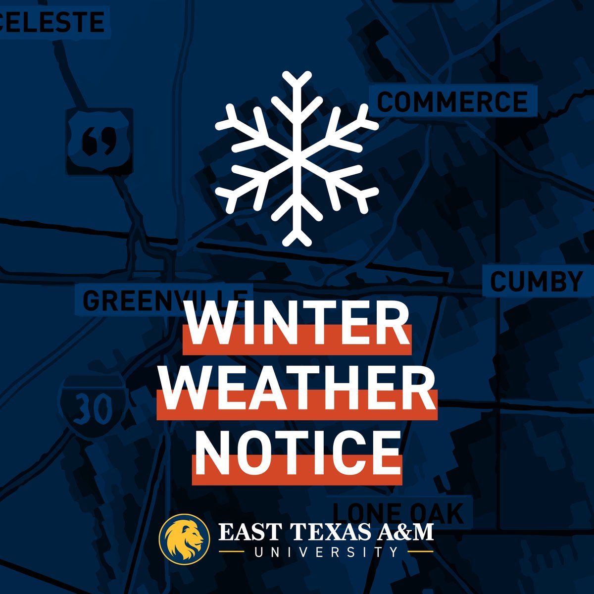 Lions, the #ETAMU campus is expected to experience severe winter weather conditions this weekend, including freezing rain and sleet. Please make use of local news, the National Weather Service and the Lion Safe app to stay informed.

Be safe and stay warm!