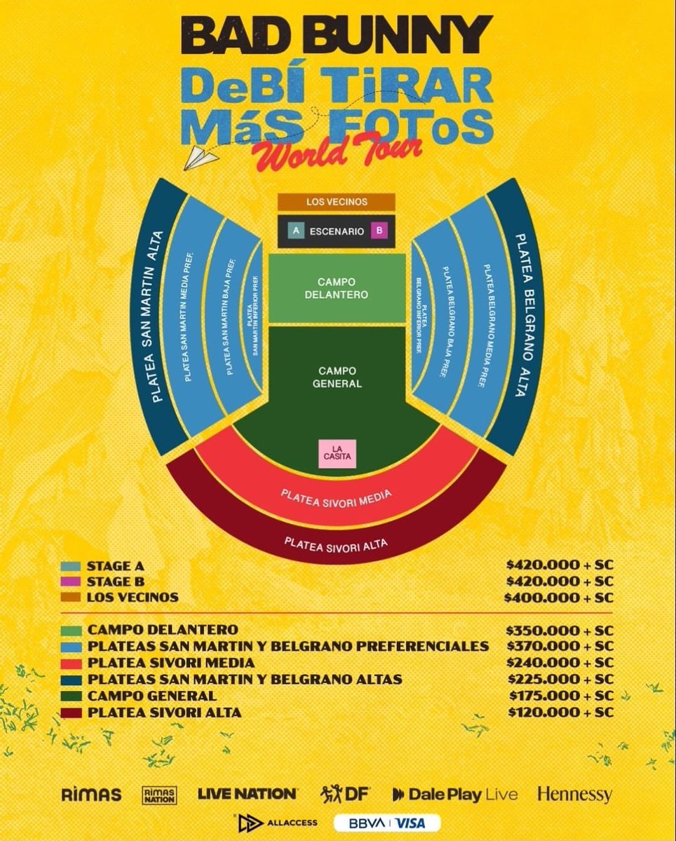 badbunnyarg__'s tweet image. 🇦🇷 CASITA Y NUEVOS SECTORES CONFIRMADOS. 

STAGE A: $420mil + cargo de servicio 

STAGE B: $420mil  + cargo de servicio 

LOS VECINOS: $400mil + cargo de servicio

Habilitarán todos los sectores a la venta el lunes 26.

Preventa BBVA: 12hs 
Venta general: 16hs