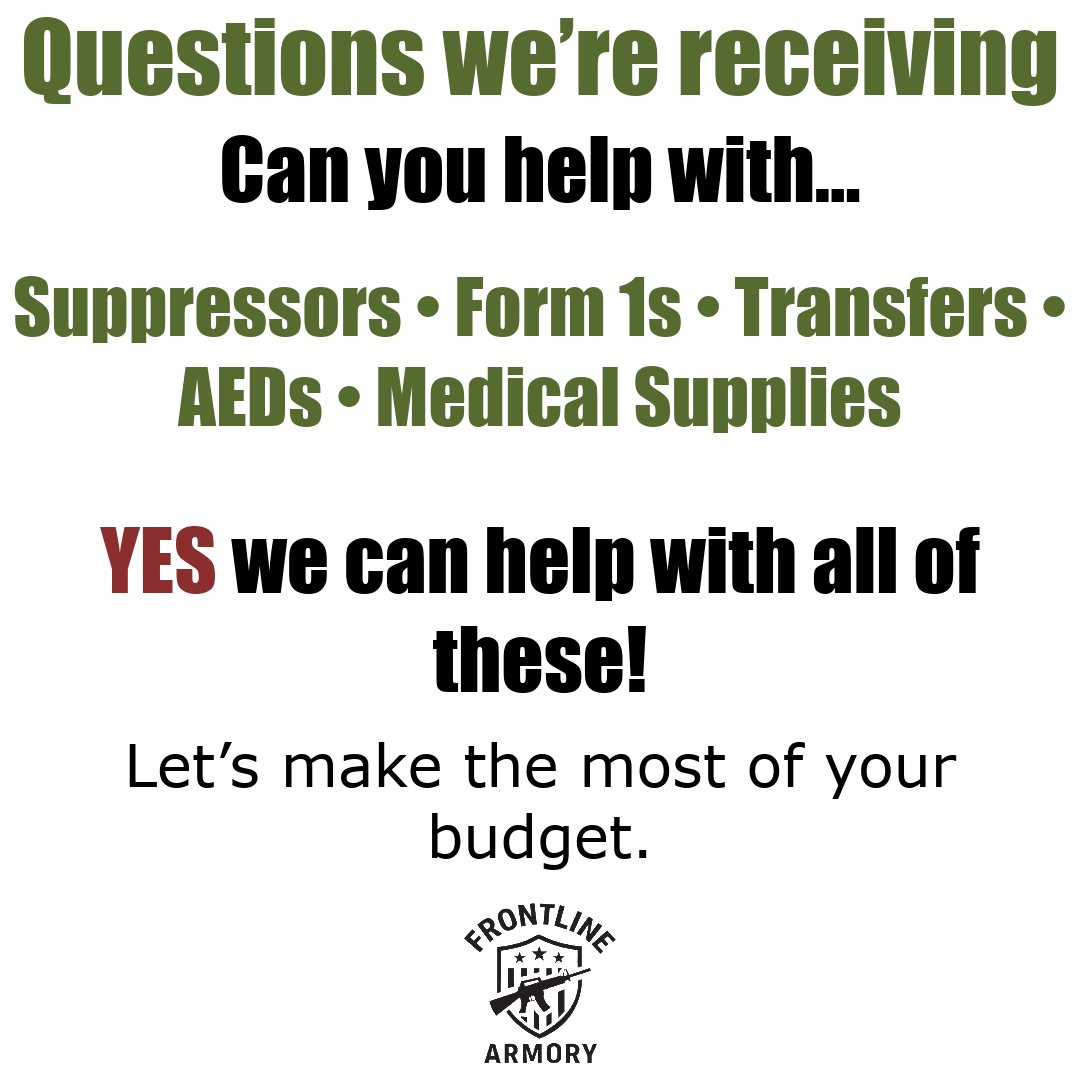 FrontLine_MO's tweet photo. Questions keep coming in—yes, help is available for suppressors, Form 1s, transfers, AEDs, and medical supplies.

Always happy to explore ways to help stretch a budget.

Reach out anytime. https://t.co/qbEb0JbELP
