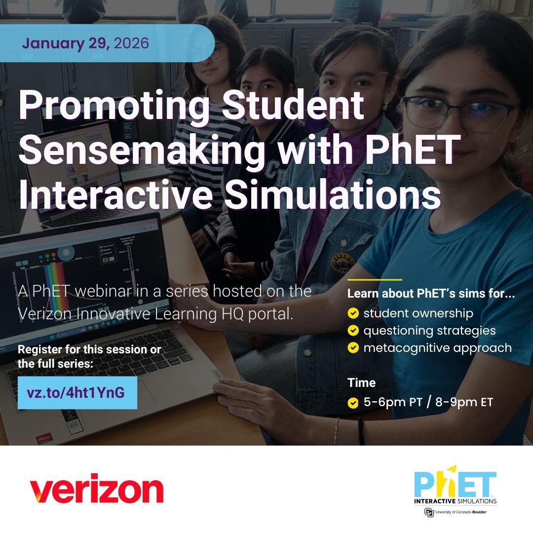 PhETsims's tweet photo. WEBINAR: Learn how simulations can invite student ownership of ideas and allow students to drive investigations through the use of specific questioning strategies, challenge prompts, and metacognitive approach. 
#teacherPD #PhET  Sign up: https://t.co/gmBCfXT5fS https://t.co/xKrLkJyJOO