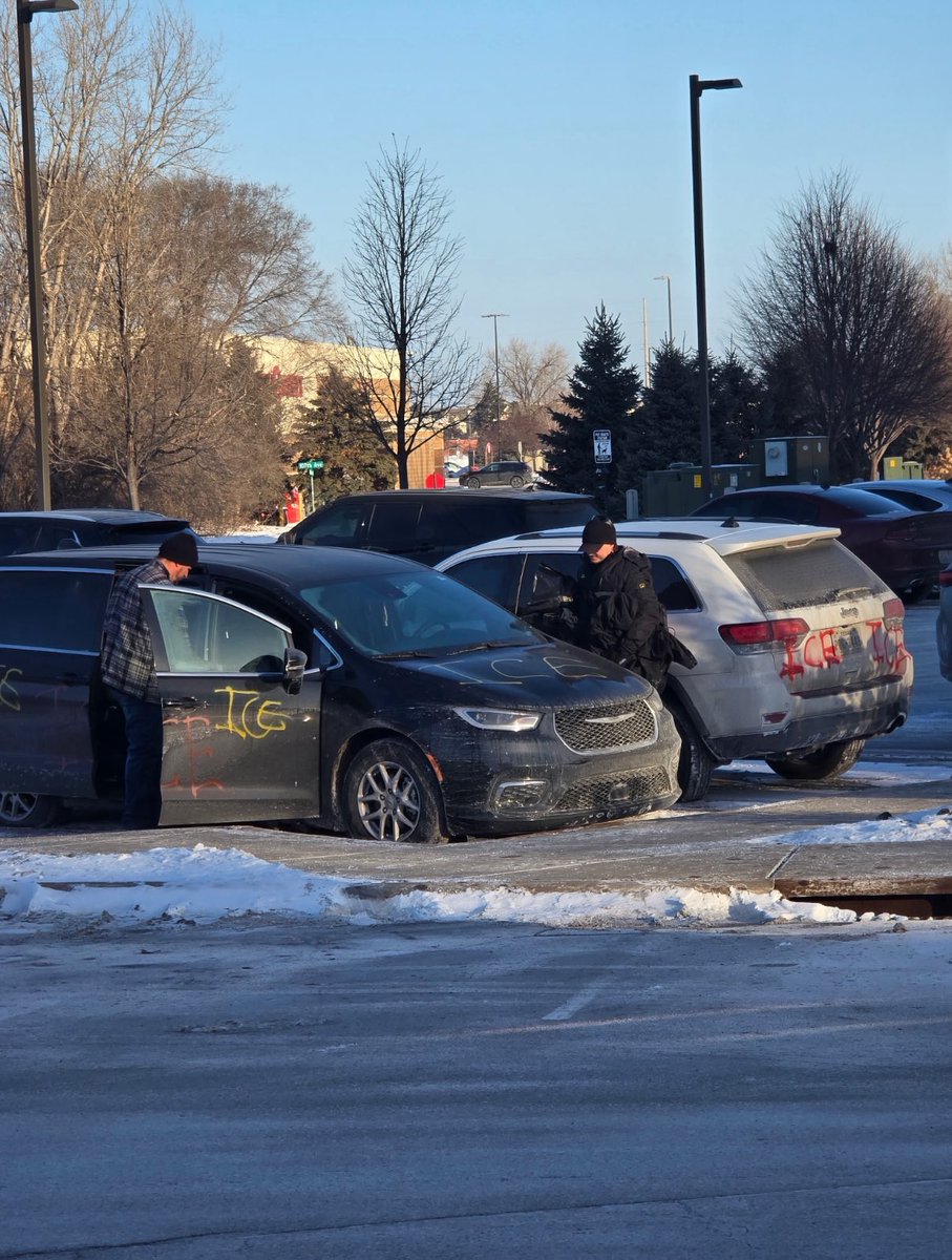 🚨 SUBMITTED: Vehicles believed to belong to ICE agents were vandalized in a Blaine, Minnesota hotel parking lot by anti-ICE activists.

Tires slashed. Cars defaced with ICE graffiti. All thanks to Democrat rhetoric.