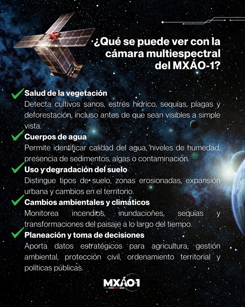 mxao_1's tweet photo. 🌍🚀✨ La cámara multiespectral del MXÁO-1 convierte datos invisibles en decisiones que importan.

#SatéliteMXÁO1 #TripleHélice #InnovaciónDesdeLoLocal #Observación #Nasa https://t.co/4EUFBZwx0f