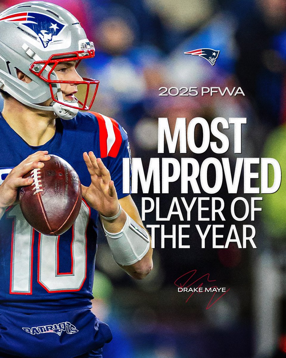 Patriots's tweet image. .@DrakeMaye2 has been named @PFWAwriters Most Improved Player of the Year 💪
