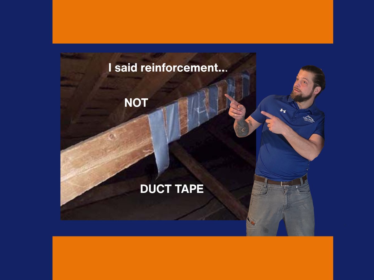 “I said reinforcement…” 😅
This is a perfect example of why an inspection matters—DIY “fixes” can hide real structural or safety issues. We look past the tape and check the why behind it: framing, support, moisture, and movement. ✅
Need it fast? We book within 48 hours and