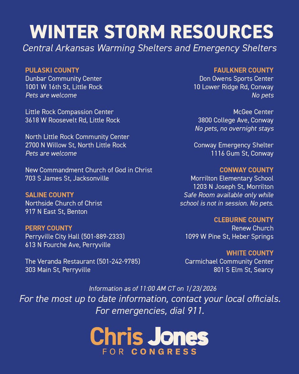 JonesForAR's tweet photo. Please stay safe this weekend.

Here are warming shelters and emergency resources across Central Arkansas. Share this with anyone who may need it. https://t.co/Hkhec9xgj4