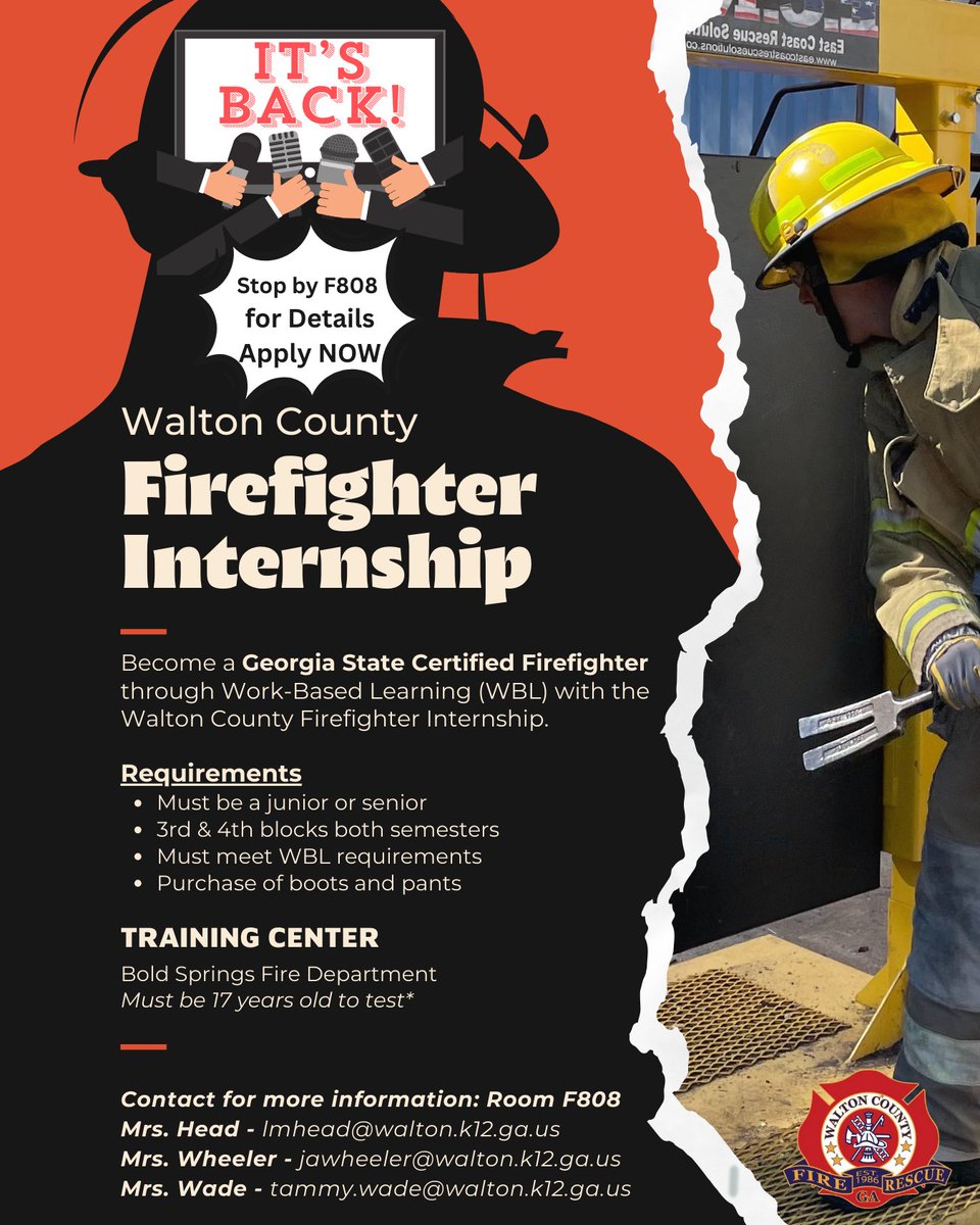 WGHS_warriors's tweet image. 🚨 IT’S BACK! 🚒

The Walton County Firefighter Internship is now open to juniors &amp;amp; seniors!
🔥 Hands-on training
🎓 WBL opportunity
👨‍🚒 Path to GA State Firefighter Certification
📍 Info &amp;amp; applications: Room F808 with @WGHSWBL 
#FutureFirefighter #CTAE #WBL #CareerReady