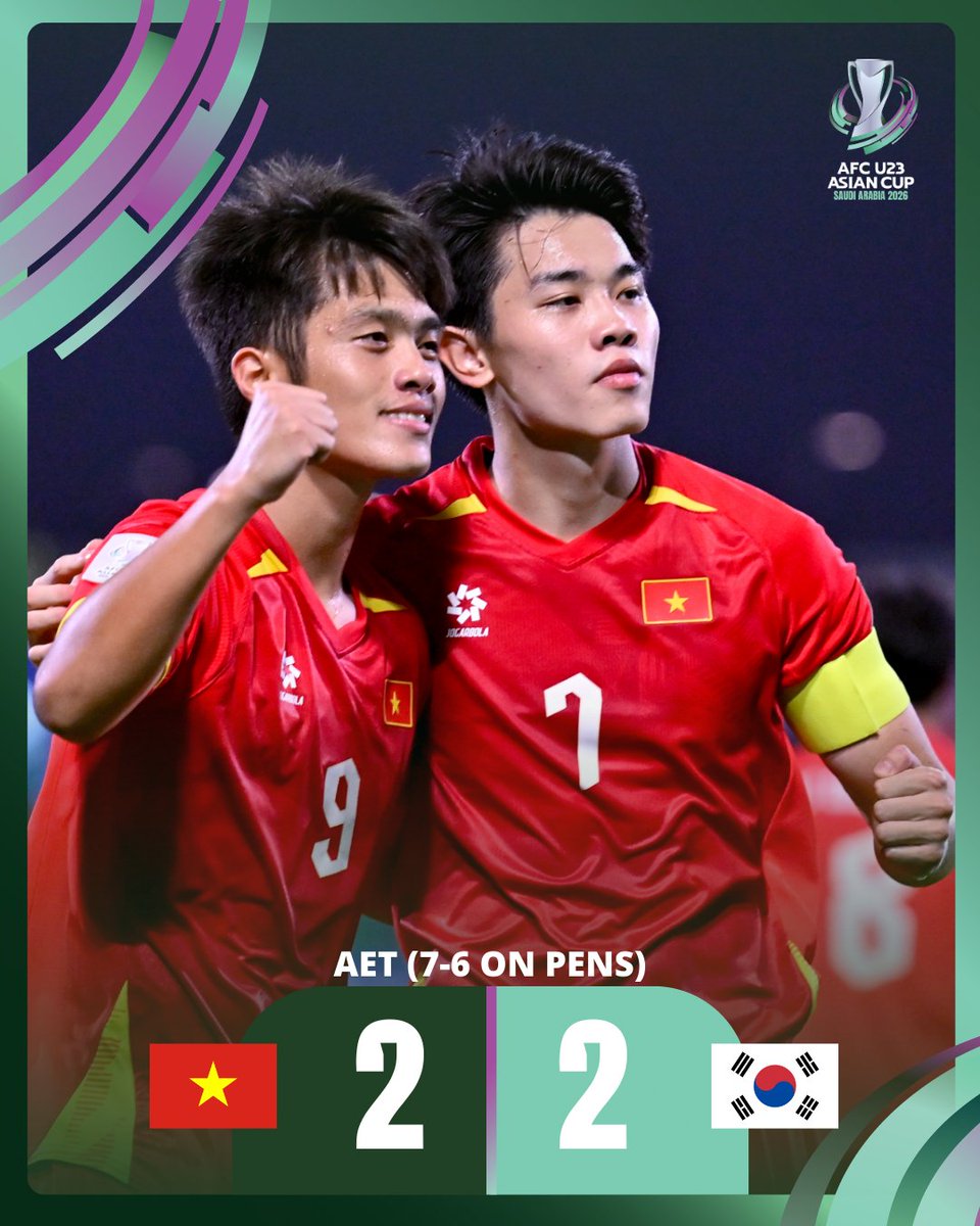 𝗔𝗘𝗧 | 🇻🇳 Vietnam 2️⃣-2️⃣ Korea Republic 🇰🇷 (7️⃣-6️⃣ on pens)

What a finish in Jeddah! 🤯

Vietnam hold their nerve in a mammoth penalty shootout to claim third place after an epic battle that went the distance 🔥👏

#AFCU23 | #VIEvKOR