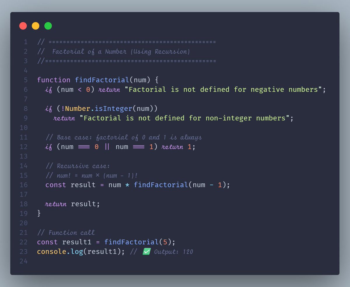 iamvishalbrow's tweet photo. JavaScript Daily Challenge – Day 6 🚀

- Factorial using Recursion
- Clean logic + proper validations 
- n! = n × (n-1)!

Do you prefer recursion or loop in interviews? 🤔

#JavaScript #CodeDaily #JSInterview #Day6 https://t.co/UxZB0kDFdj