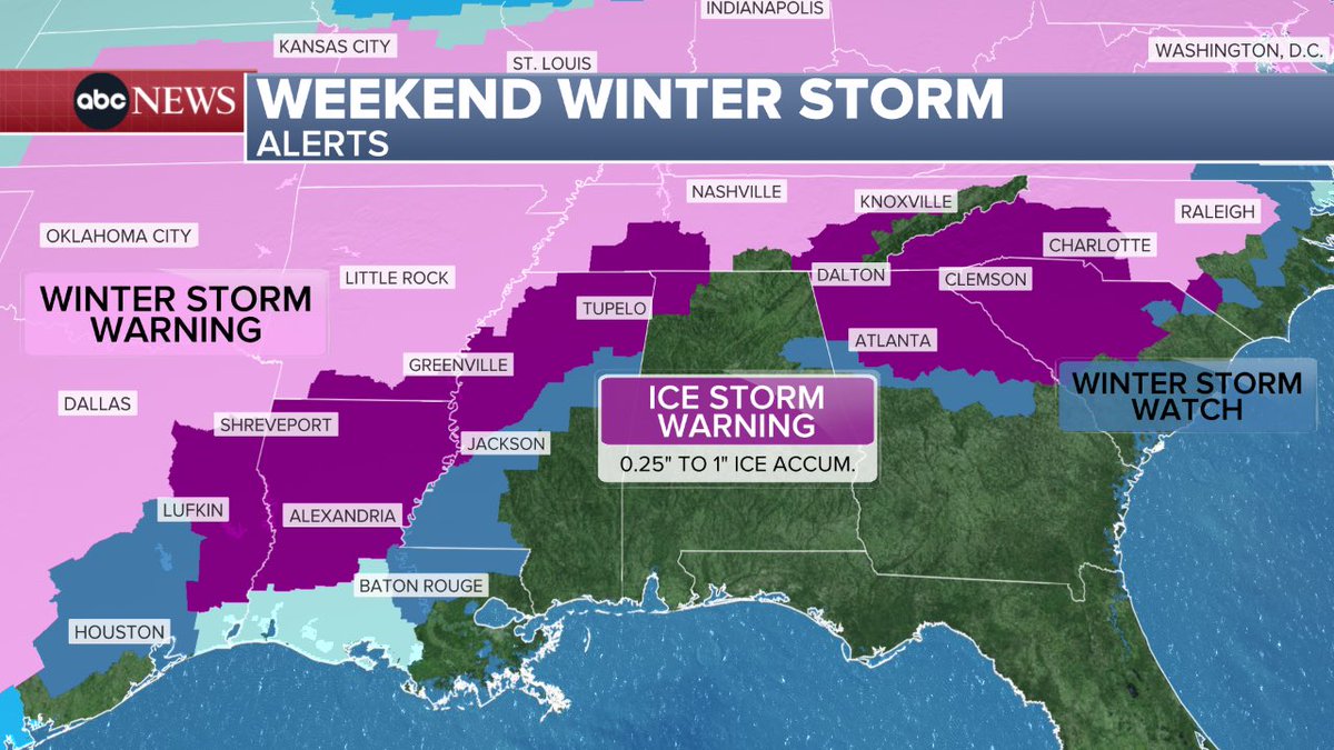 1 pm Friday update: 

ICE STORM WARNINGS issued for parts of Georgia, South Carolina, North Carolina, Tennessee, Alabama, Mississippi, Arkansas, Louisiana and Texas.

This includes Charlotte, Atlanta, Tupelo &amp; Shreveport among many others. 

From west to east this weekend the
