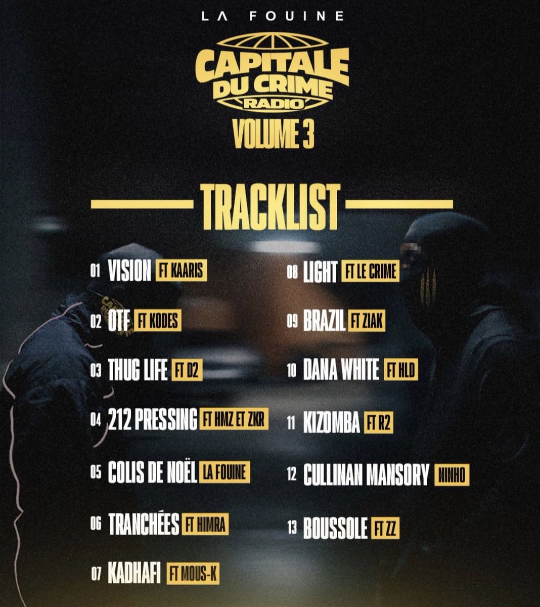 Kulturlesite_'s tweet photo. 🚨 LA FOUINE dévoile la TRACKLIST de sa NOUVELLE MIXTAPE !!

« CAPITALE DU CRIME RADIO VOL.3 »

Featuring :

▫️KAARIS
▫️NINHO
▫️ZIAK
▫️KODES
▫️D2
▫️HMZ &amp; ZKR
▫️HIMRA
▫️MOUS-K
▫️LE CRIME
▫️HLD
▫️R2
▫️ZZ

🗓️ 30 JANVIER https://t.co/EpZalvVnaG