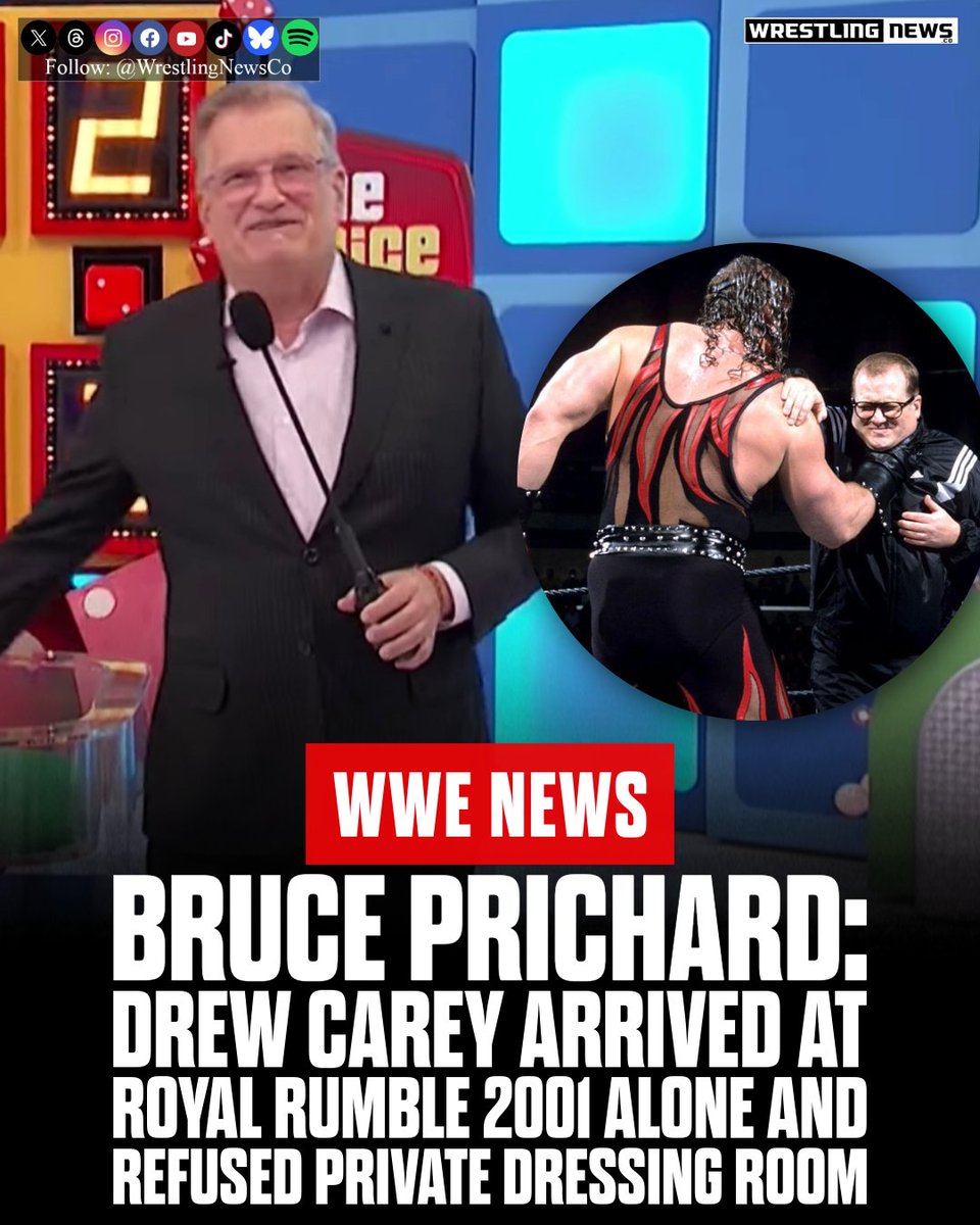 WrestlingNewsCo's tweet photo. Bruce Prichard revealed on his podcast that Drew Carey was willing to take a bump at the 2001 Royal Rumble, but WWE management decided to protect him. "It was us that wanted to protect him... make sure that there’s not a chance that he can get hurt," Prichard said. Carey arrived at the arena alone with just a gym bag and no entourage.
"Drew Carey shows up to the arena with a gym bag by himself, comes in the back door, introduces himself to everyone," Prichard recalled. Carey even refused a private dressing room, preferring to mingle with the talent. "No manager, no lawyer, no friends, no entourage, none of that bullsh*t".
(Something To Wrestle With)