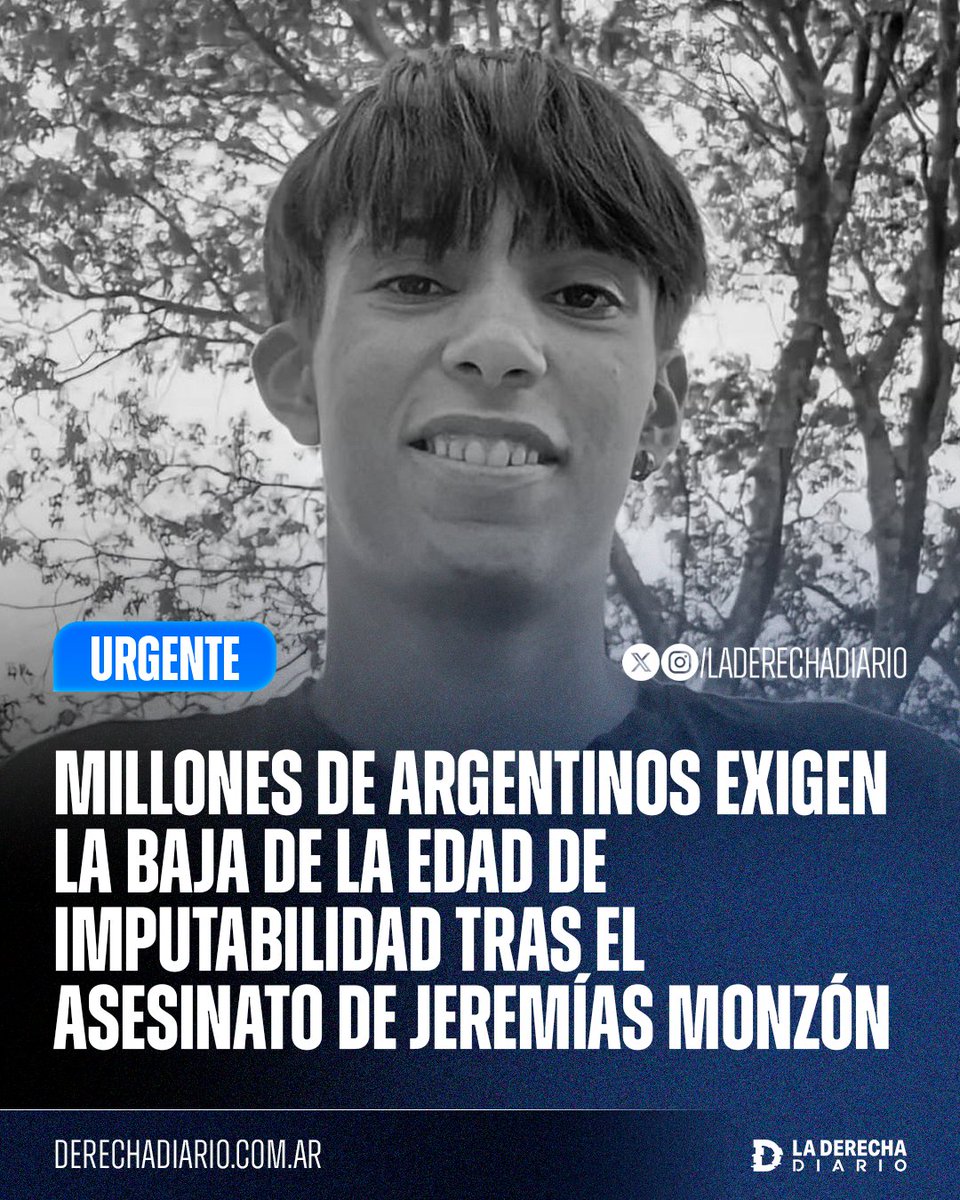🚨🇦🇷 | #URGENTE Millones de argentinos exigen la baja de la edad de imputabilidad tras el siniestro asesinato de Jeremías Monzón, el joven santafesino torturado hasta la muerte por tres miserables menores de edad.