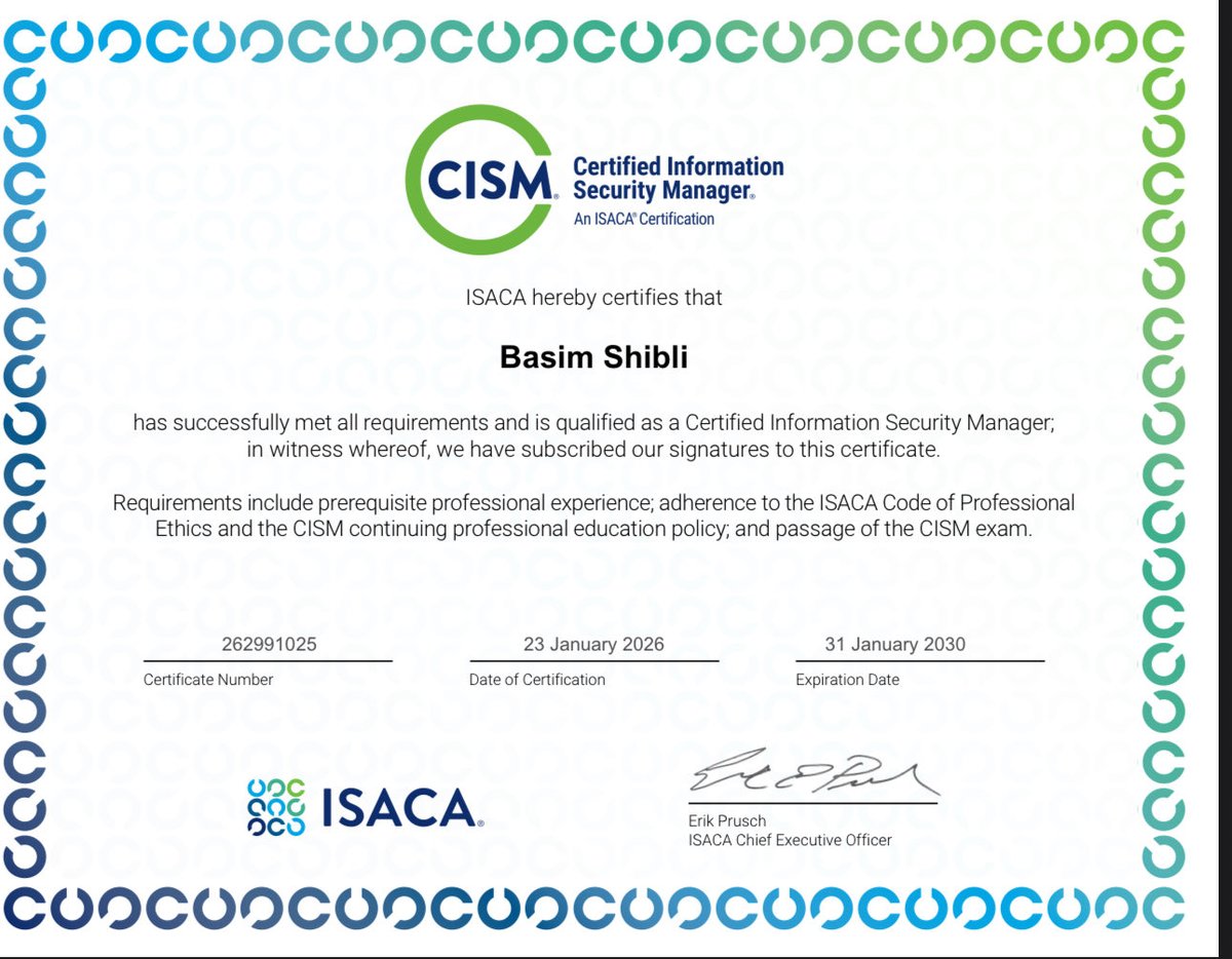 basimshebly's tweet photo. I'm thrilled to share that I've officially become a Certified Information Security Manager (CISM) through @ISACANews  
I'm grateful for the opportunity to continue growing in this field.
#CISM #InformationSecurity #Certification https://t.co/JQc4YJYpUJ