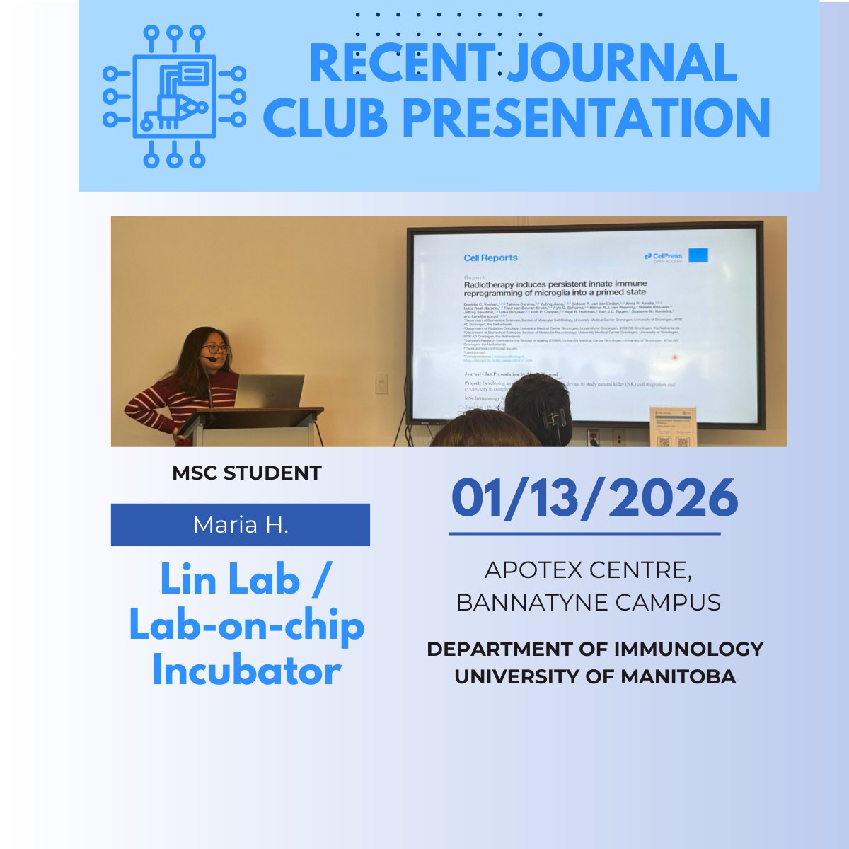 Lab_on_chip's tweet photo. Last week, our student Maria wrapped up an excellent journal club presentation! She explored cutting-edge research on microglia and how they respond to radiation, diving into whether this exposure leads to innate immune priming or tolerance. https://t.co/qJbSqHymmM