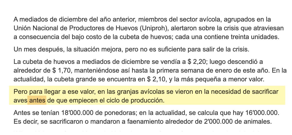 Los hueveros MIENTEN y lo saben.
Sacrificaron los animales ANTES de que empiecen a producir, para evitar que esos huevos entren al mercado y así poder subir el precio.
Además dicen que lo volverán a hacer. 
Manipulación del mercado, a costa de animales y del bolsillo de la gente