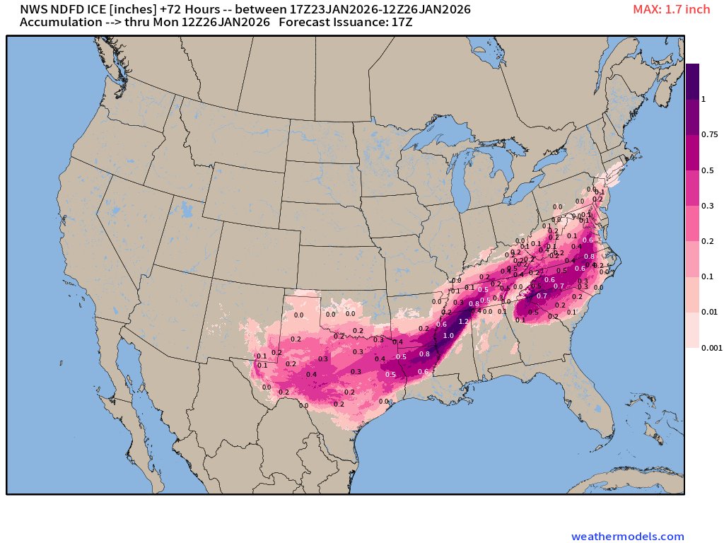 Weather_West's tweet photo. The major winter storm and cold outbreak in the central &amp; eastern U.S. this weekend will be most notable not for record cold, nor heavy snowfall, but instead for very heavy ice accumulations that will cause widespread/severe electrical infrastructure and travel disruptions. https://t.co/ylzUIMdiUr