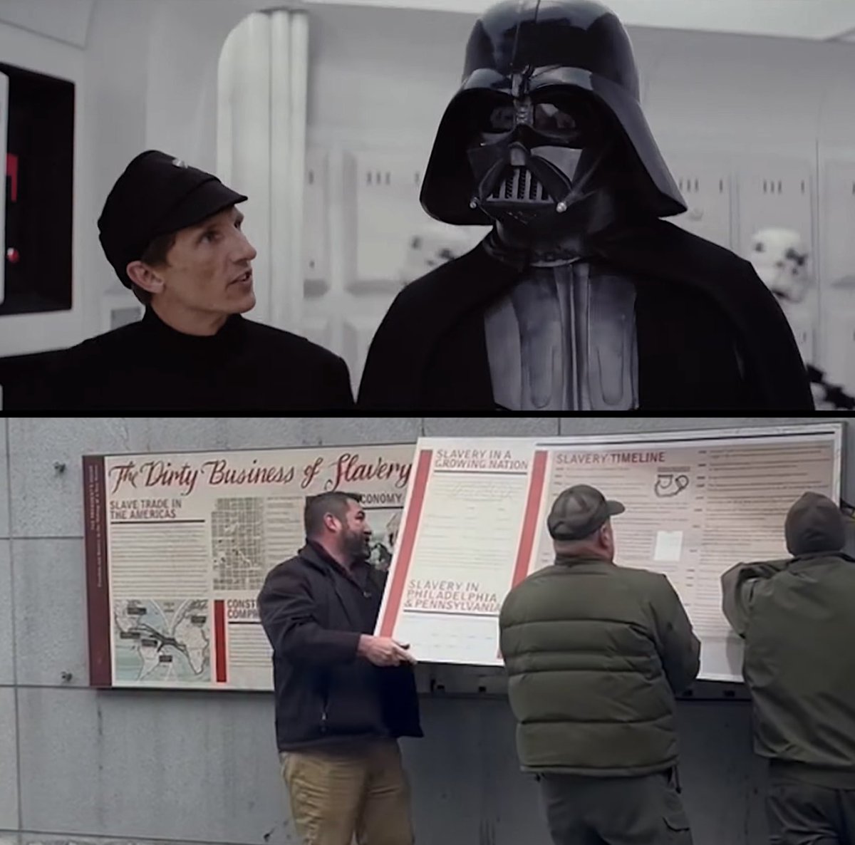 “Send a distress signal, and then inform the Senate that all aboard were killed.” Vader’s order is a lie used for narrative building. An immoral political tool. Removing slavery exhibits is exactly the same thing Vader was doing. Narrative building to promote lies over reality.