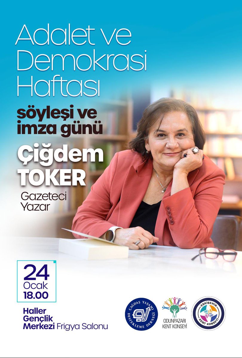 📣Yazarlarımız, Adalet ve Demokrasi Haftası etkinliklerinde sizlerle buluşuyor.

Çiğdem Toker, 24 Ocak Cumartesi günü Eskişehir Haller Gençlik Merkezi’nde, ÇYDD Eskişehir Şubesi’nin konuğu.
<a href="/cyddeskisehir/">Cyddeskisehir</a> <a href="/cigdemtoker/">Cigdem Toker</a> 
Bekleriz.

#UğurMumcu #HrantDink #MetinGöktepe #OnatKutlar
