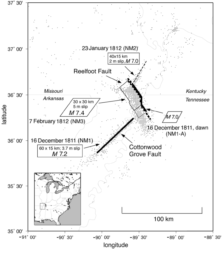 AlMaXx8017's tweet image. 🏚#OTD | 23.01.1812 ⧗ ~09:15 ⧗UT-6

❝ /🇺🇸/ 1811-12 #NewMadrid #EQ sequence, #EEUU

La saga de grandes terremotos en el extremo norte de la llanura aluvial del río Mississippi, iniciado el 16.12.1811 (M≈8.1 y M≈7.2), continúa con una nueva ruptura de M≈7.3. Mercalli Máx= IX.