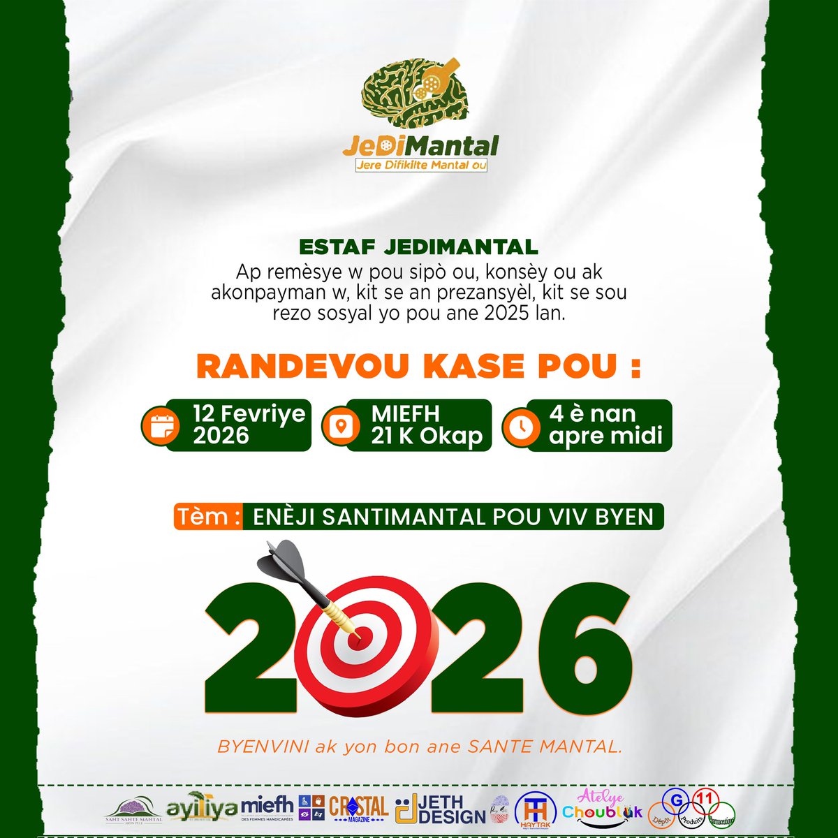 ESTAF JEDIMANTAL la ap remèsye w pou sipò ou, konsèy ou ak akonpayman w, kit se an prezansyèl, kit se sou rezo sosyal yo pou ane 2025 lan, pandan l ap tou pwofite anonse ou seyans yo ap rebalanse apati 12 Fevriye 2026, nan lokal MIEFH la ri 21 K Okap, 4 è nan apre midi.