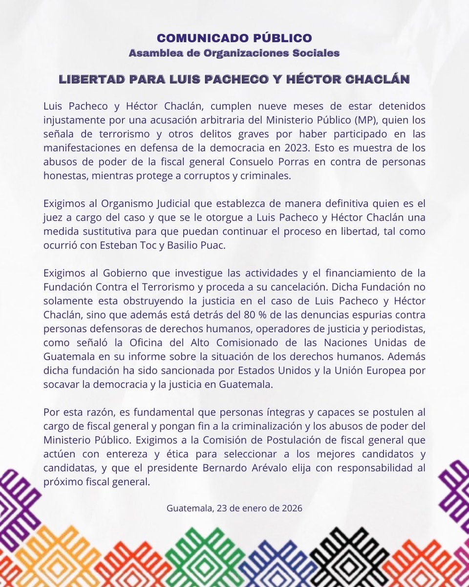 Luis Pacheco y Héctor Chaclán cumplen 9 meses en prisión injustificada por hechos que no son delito. 

Exigimos que se designe a un juez urgentemente y que se les otorgue su libertad inmediata. 

#LibertadParaLuisYHéctor